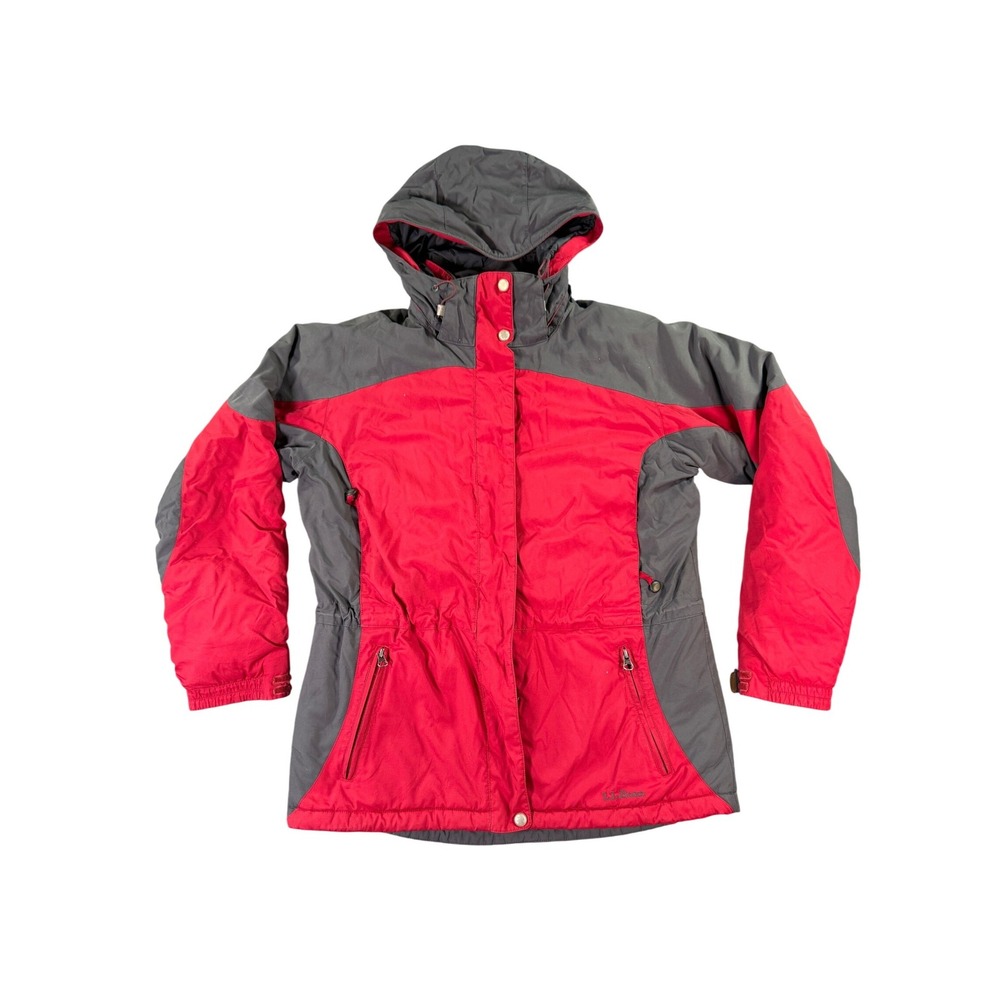 LL Bean Primaloft Winter Jacket Womens Small Red Gray Hooded Insulated Parka Ski